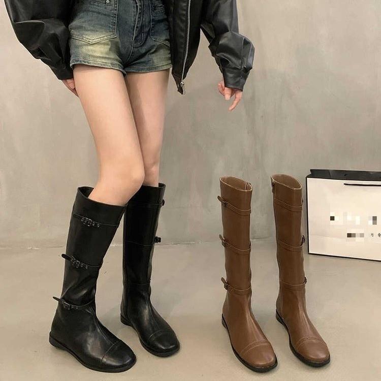 Walk Show Belt Buckle Boots Women'S Flat Heel Long Tube But Knee Retro Martin Knight Boots Western Cowboy Boots