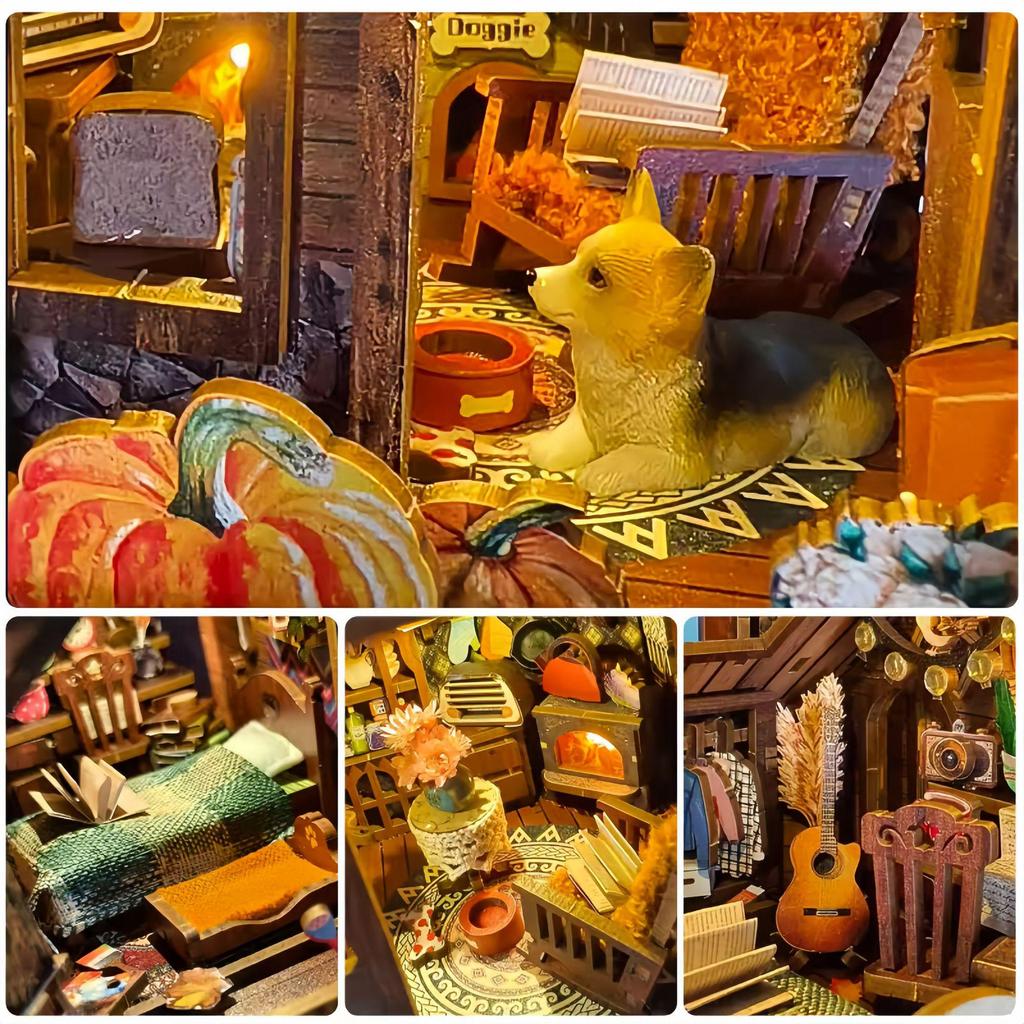 Twilight Cabin Bookends: DIY Wooden 3D Puzzle House Model, Handmade Building Blocks, Assembled Toy Gift.