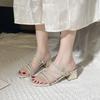 Fairy Style Rhinestone Thick Heel Sandals Women's Summer Versatile Square Head Skirt One Strap Two Wear Slip-on Shoes