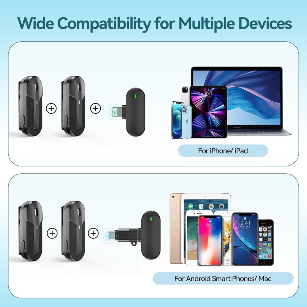 Wireless Lavalier Microphones ,2 Pack 2.4G Clip On Lapel Mini Mic with Noise Cancellation for Video Recording,Interview,Vlog,Live Streaming