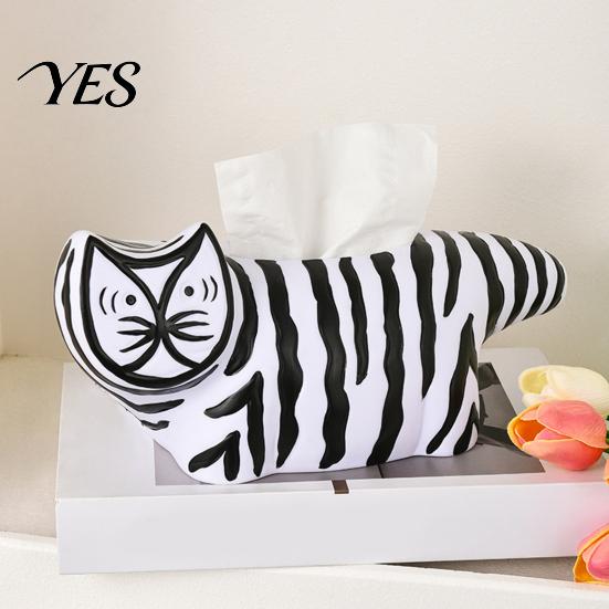 Tissue Box with Storage Box, Striped Cat Shape Dispenser, Ample Interior Living Room Space Vinyl Case, Compact Decorative Durable Paper Holder for Car