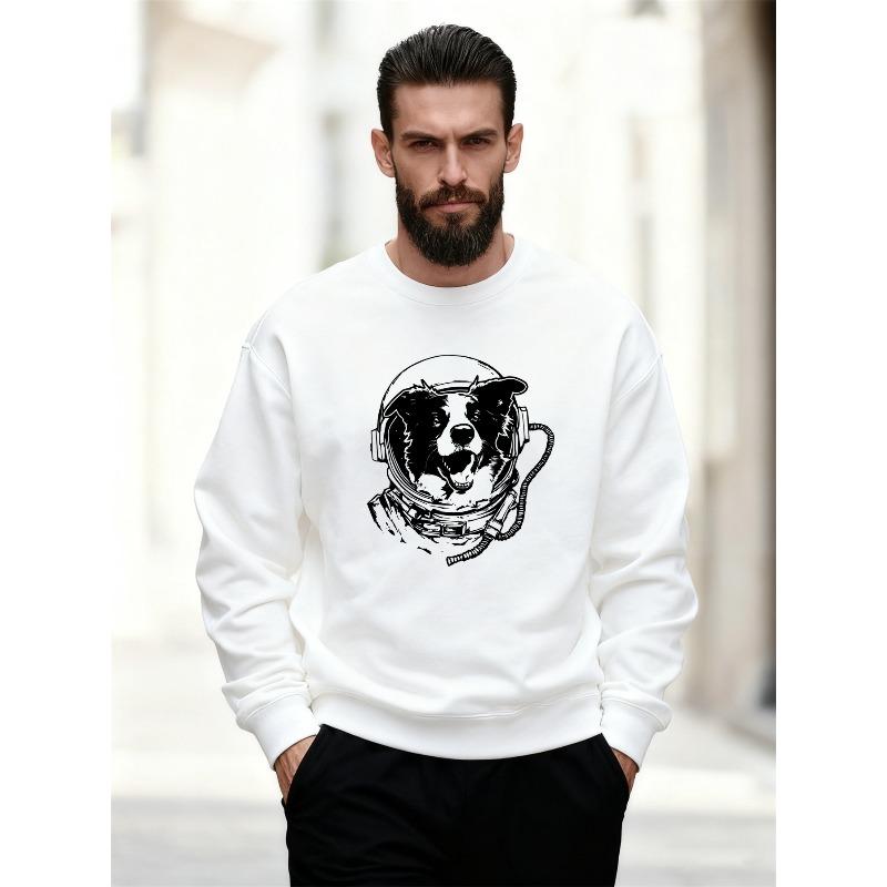 Men's Casual Crewneck Sweatshirt with Dog Print Wearing A Spacesuit Helmet