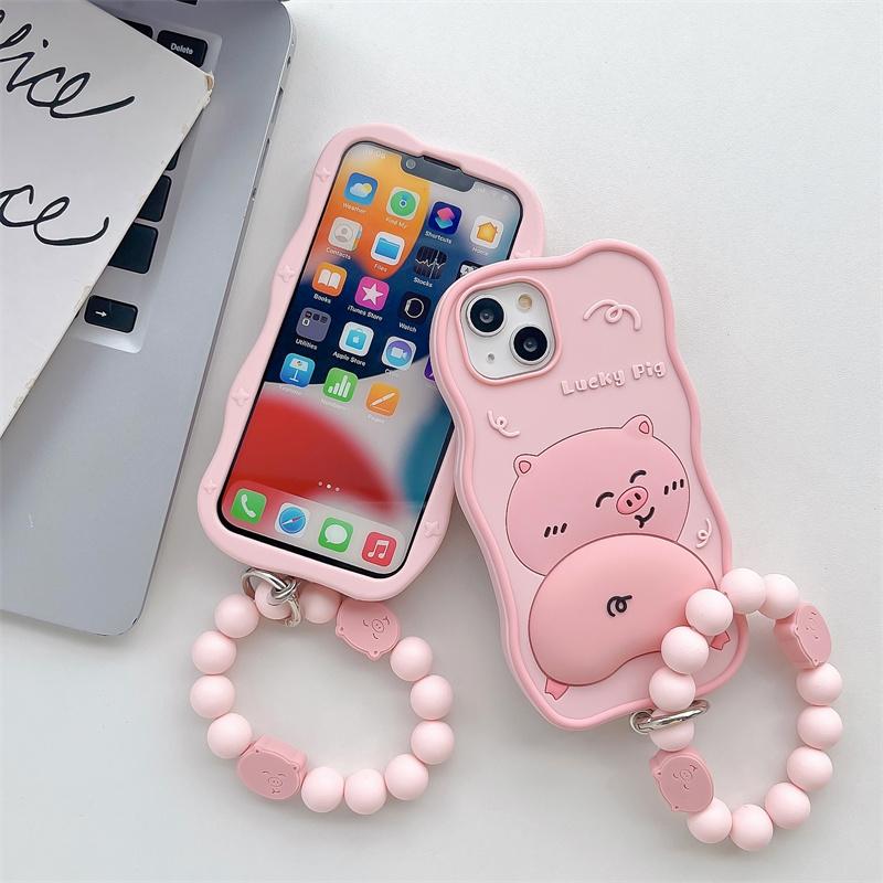 3D-размерный чехол для телефона с рисунком свиньи для iphone 14 Plus 13 12 Pro 11 Max 14pro13pro, розовый мягкий силиконовый чехол с бусинами на ремешке