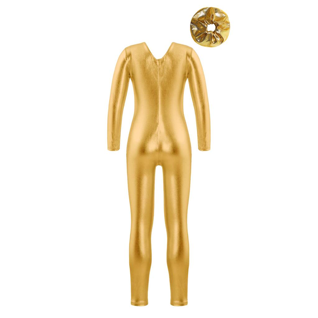 Детский гимнастический купальник для девочек с длинным рукавом, блестящий металлический, балетный танцевальный купальник, комбинезон, комбинезон с резинкой для волос