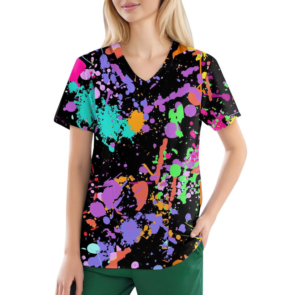 Plus Size Printed Scrub Working Uniform Tops For Women's V-Neck Short Sleeve Fun T-Shirts Workwear Tee With Pockets