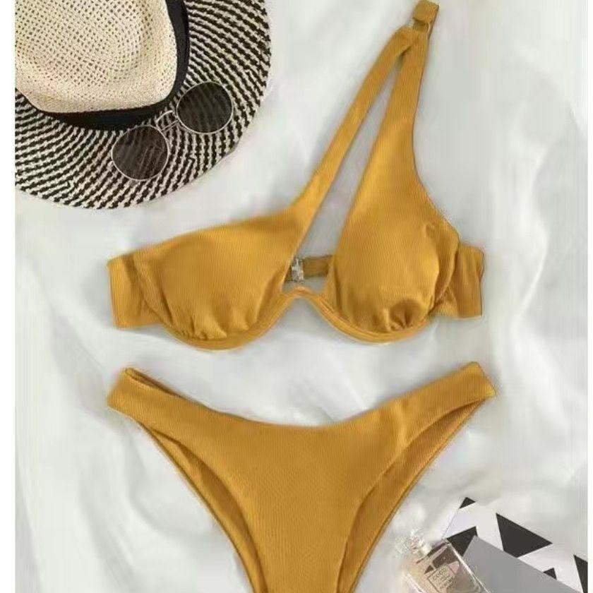 Новый летний новый бикини пляжная вечеринка сексуальный женский раздельный купальник однотонный одно плечо французский бюстгальтер наборы женские ажурные Y2k женская одежда