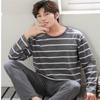 Pajamas Men Autumn Long-Sleeved Cotton Autumn and Winter Can Be Worn Outside The Casual Large Size Loose Grey Striped Homewear
