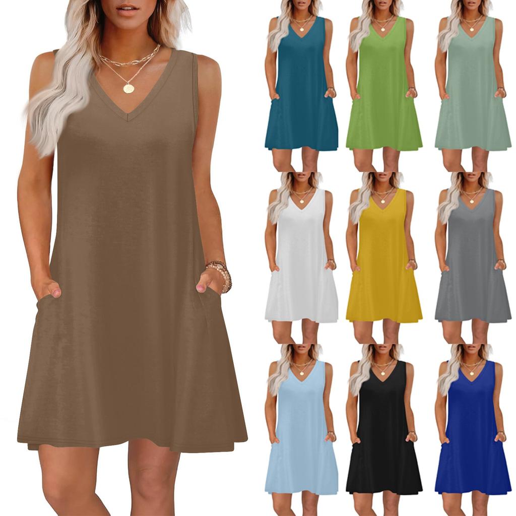 Women's Summer Dresses Loose Fit Solid Color V Neck Sleeveless Sundresses Beach Hawaiian Dress With Pockets