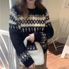 French Fair Isle Contrast Pullover: Women's Long Sleeve Jacquard Knit Sweater