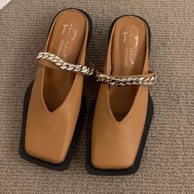 Модные осенние новые тапочки Baotou для женщин с квадратной головкой, мелким носком, металлической цепочкой, мягкой подошвой, на низком каблуке