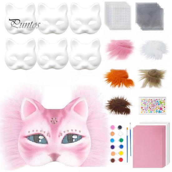 6 шт. набор для кошачьей маски, сделай сам, ручная роспись, пустая кошачья маска с меховыми глазами, сетка, фетровый лист, пушистое животное, терианский маскарадный аксессуар для карнавала, косплея