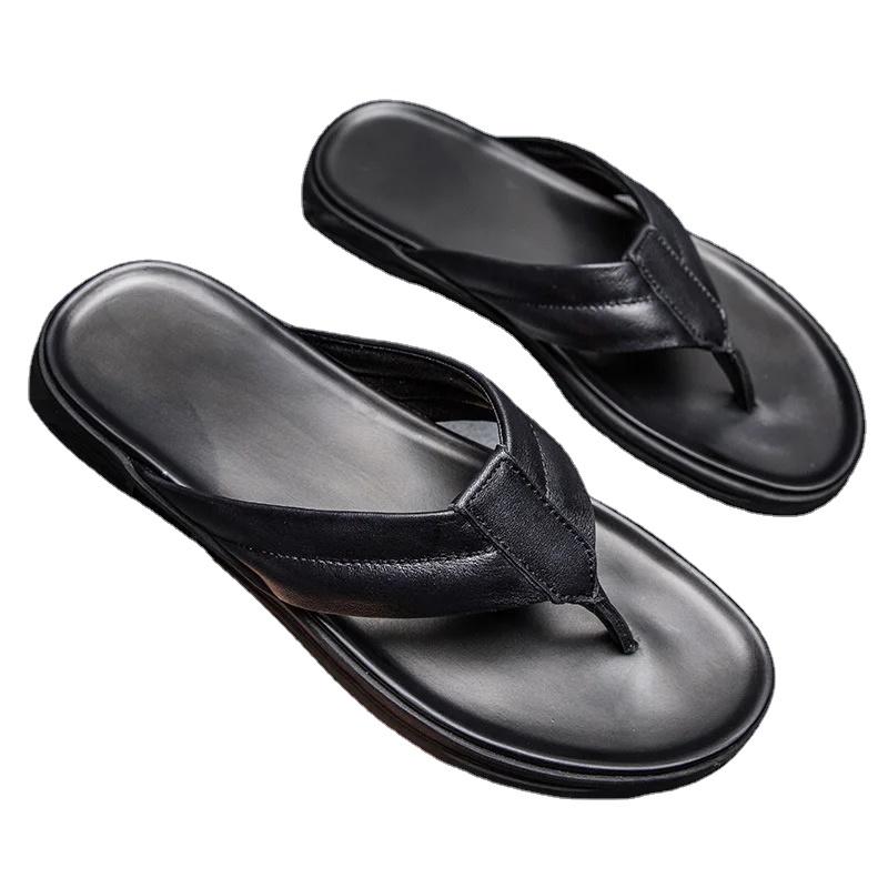 Модные мужские шлепанцы, кожаные тапочки, повседневная пляжная летняя обувь, мужские нескользящие удобные классические черные шлепанцы на плоской подошве, большие размеры