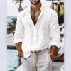 Мужская однотонная рубашка из хлопка и льна - Длинный рукав, стиль Business Casual