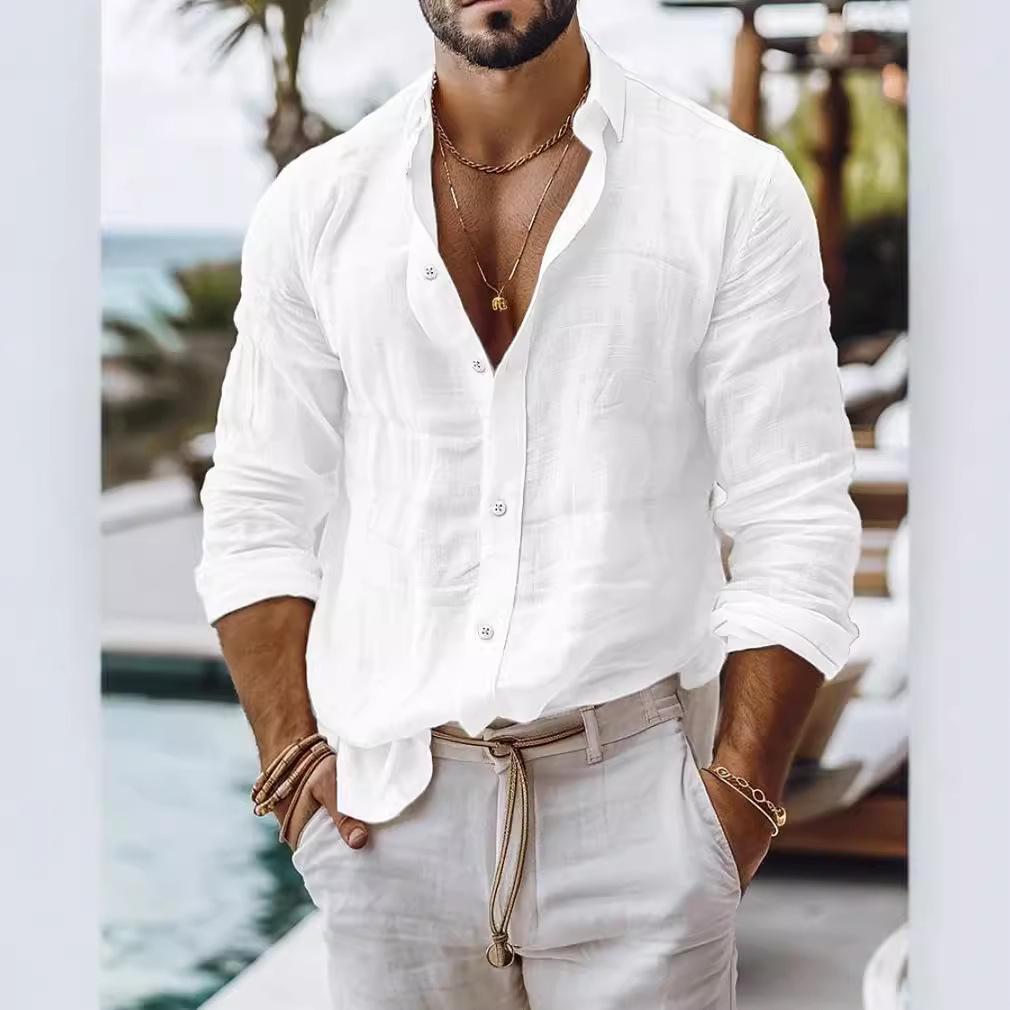 Мужская однотонная рубашка из хлопка и льна - Длинный рукав, стиль Business Casual