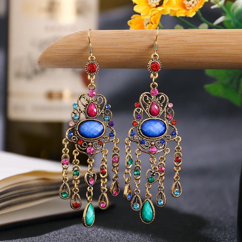 Креативные этнические длинные серьги antique золотого цвета, винтажные, в стиле бохо, из акрила, со стразами, геометрические, с полым подвесом, женские украшения