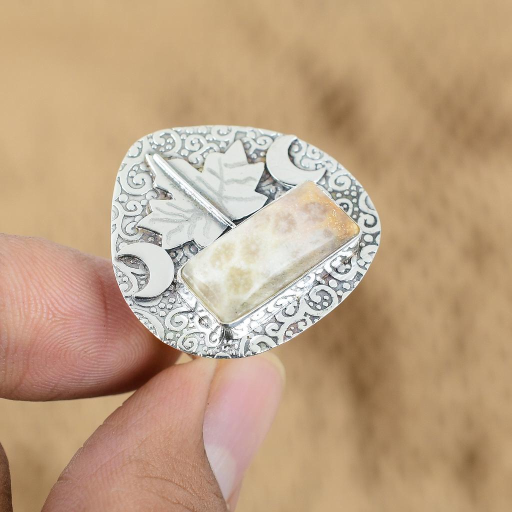 Natural Fossil Coral Promise Cresent Moon Adjustable Ring 925 Silver For Women