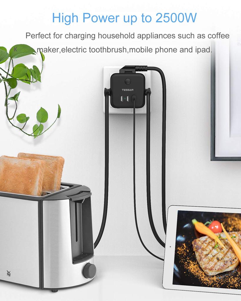 Tessan Черный USB-адаптер настенной розетки Powercube с 3 розетками переменного тока и 3 USB-портами, удлинителем с несколькими европейскими вилками для дома