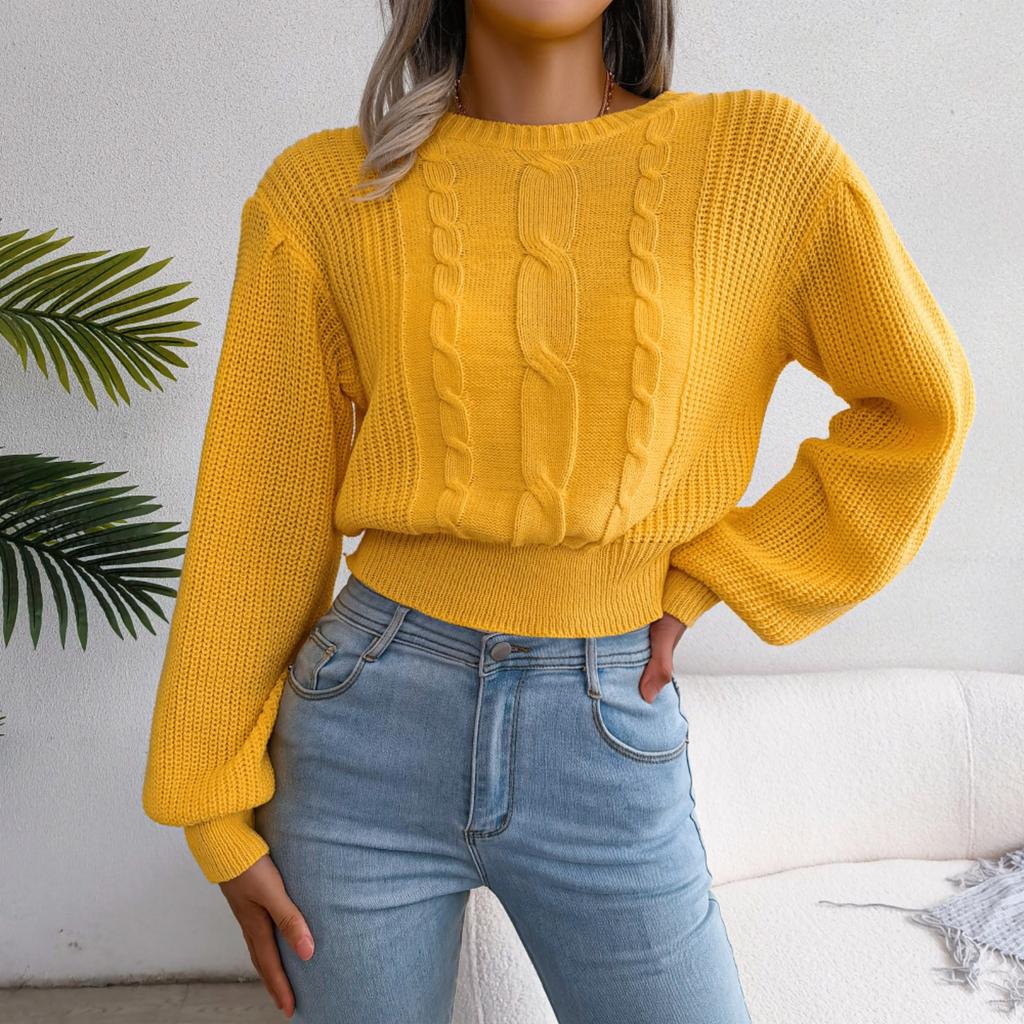Women's Fashion Casual Knitted Sweater Top With Twisted Cable Pattern, Lanterned Sleeves, And Waist-Cinching Design For Fall And Winter
