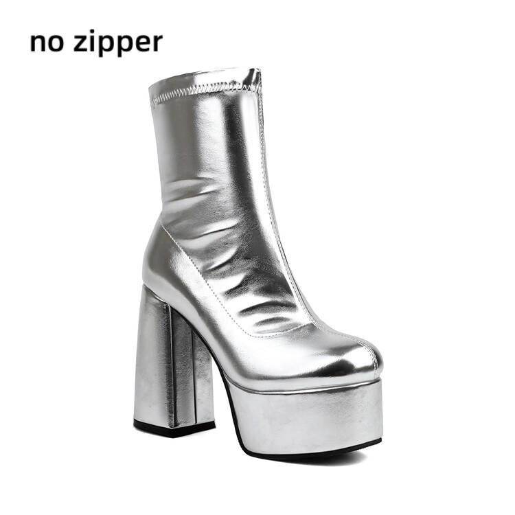 Short Stretch Boots for Women Super Thick High Heel Gold Shoes Silver Chunky Platform Winter Sexy Women Boots