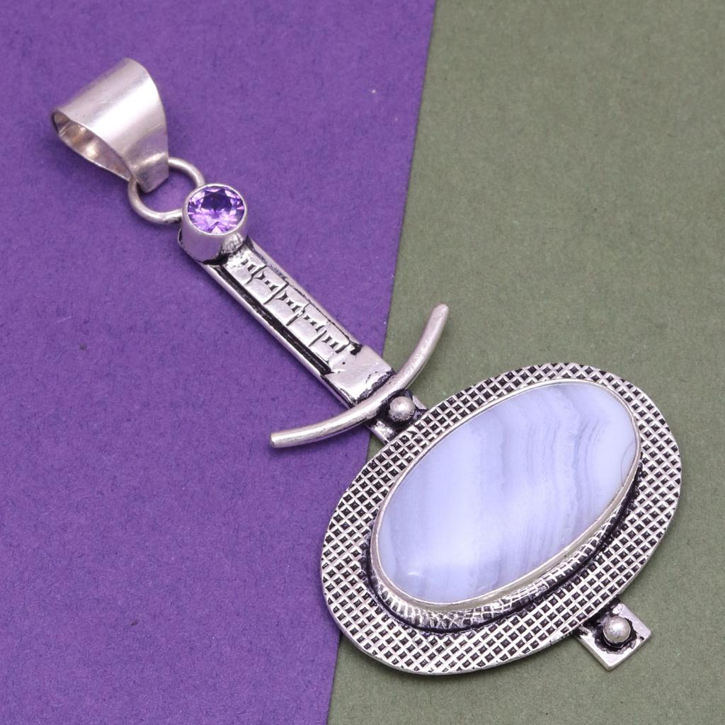 Голубой кружевной агат Аметист Драгоценный камень День матери Серебряное ювелирное изделие Кулон 2.5"