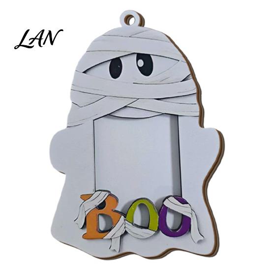Halloween Home Wall Art Cute Ghost Wooden Photo Frame with Hanging Rope, Creative Theme Decor Picture for Holiday Party And Decoration