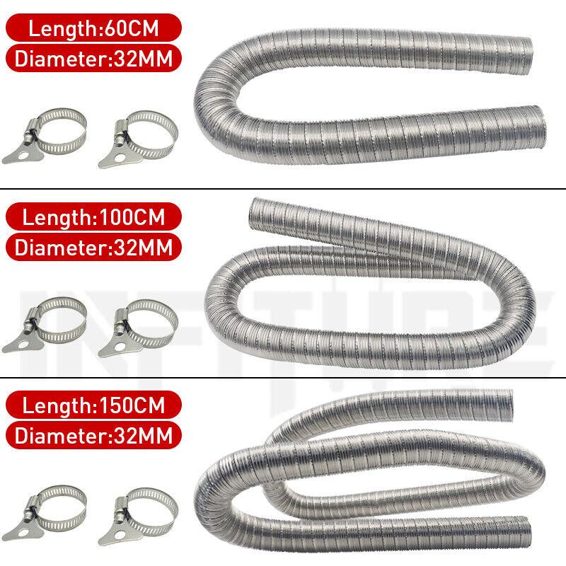 32mm 60/100/150cm Air Diesel Parking Heater Stainless Steel Exhaust Pipe Double-layer Exhaust Pipe Without Cap + 2 Clamps for Webasto Heater