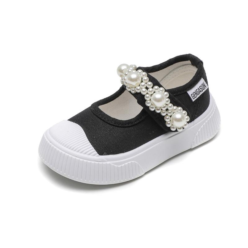 Детская повседневная парусиновая обувь для малышей, кроссовки с мягкой подошвой и нескользящей подошвой для девочек, дышащие, однотонные, с искусственным жемчугом, детская обувь