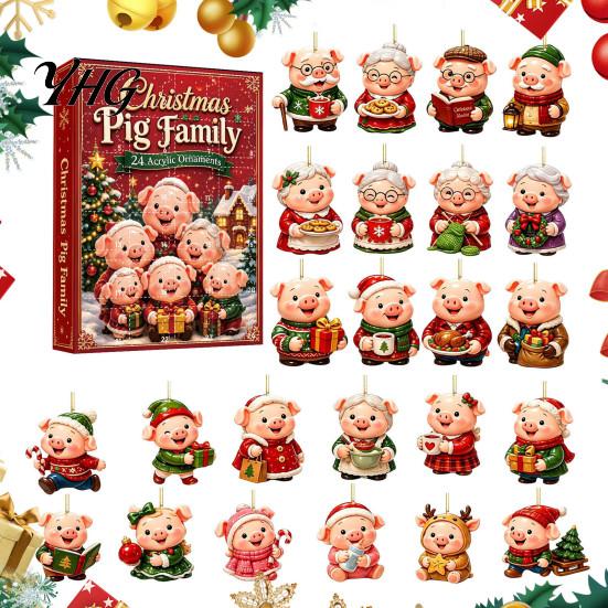 Christmas Surprise Gift Box Piggy Family Advent Calendar, 2D Flat Acrylic 24 Days Hanging Cute Pig Decorations Ornaments, Decorative Countdown