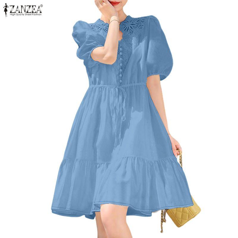 ZANZEA Женское кружевное вязаное платье с V-образным вырезом и короткими рукавами в стиле кэжуал