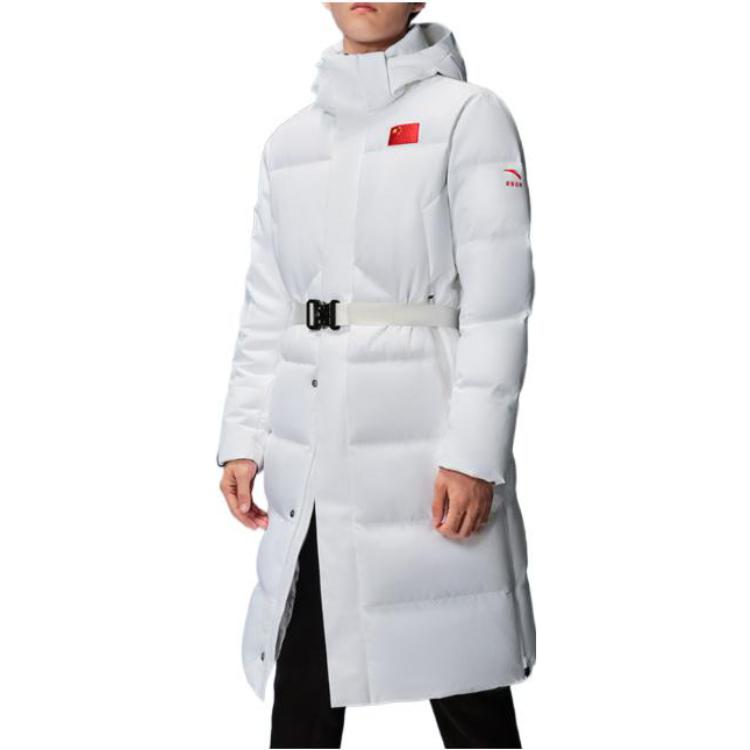 Anta Всепогодная серия, однотонный длинный пуховик на молнии с нашивкой в ​​виде флага, верхняя одежда унисекс, белый 152250902-1