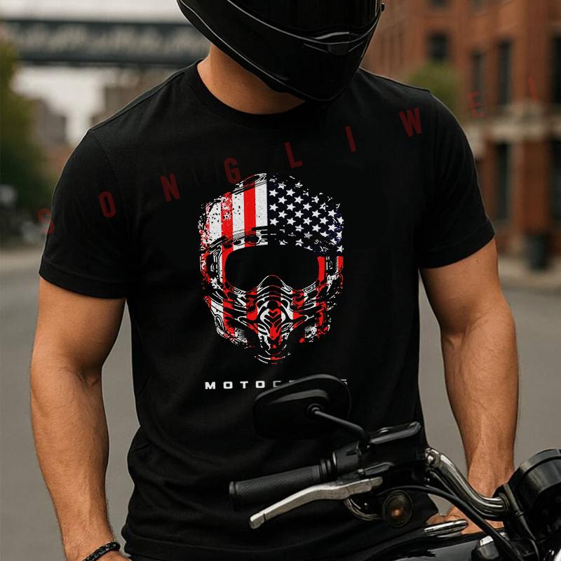 Unisex American Flag Motocross Dirt Bike Men's T-shirt Summer Cotton Short Sleeved Casual TShir