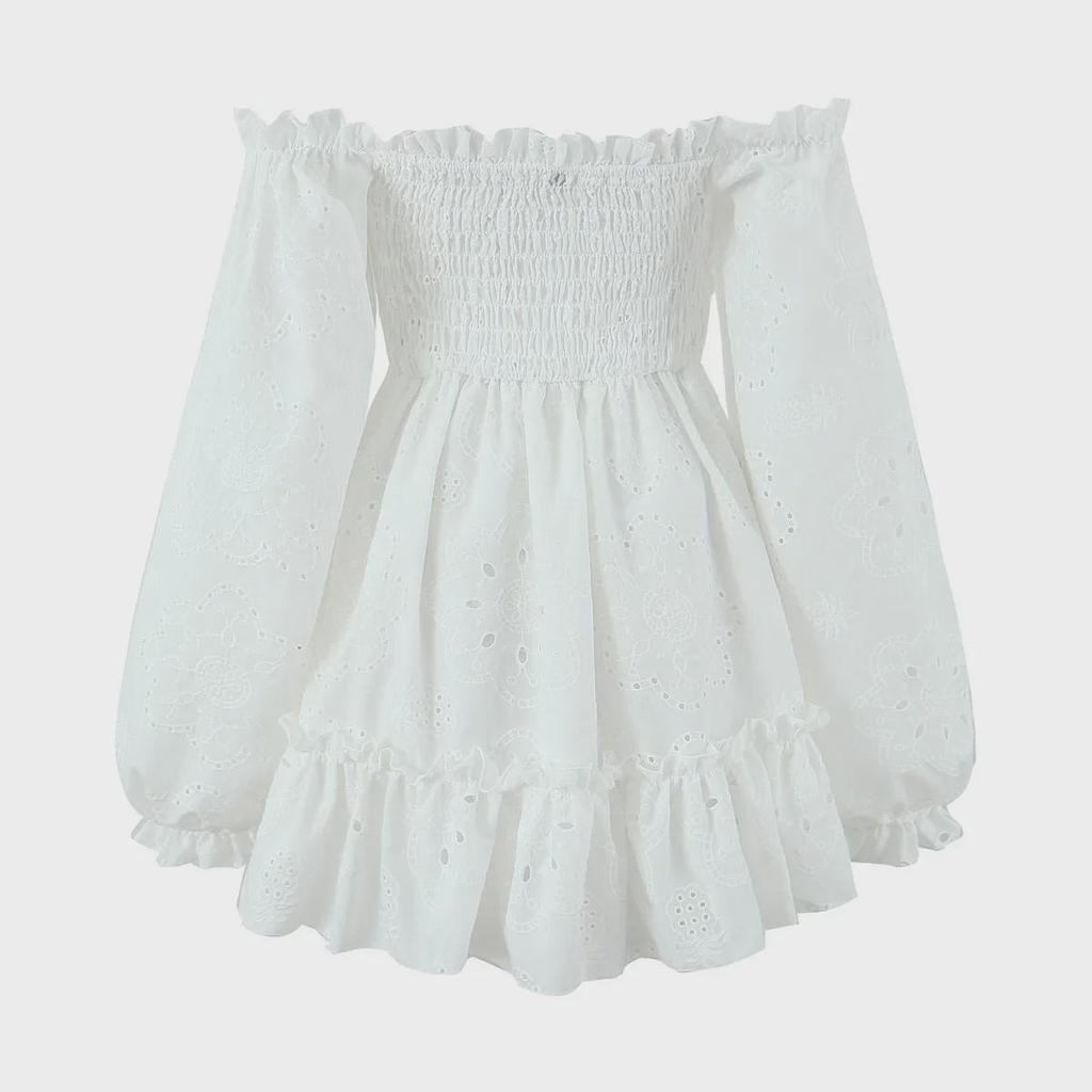 Женское платье-трапеция с рукавами-фонариками на одно плечо, осень 2024 г.