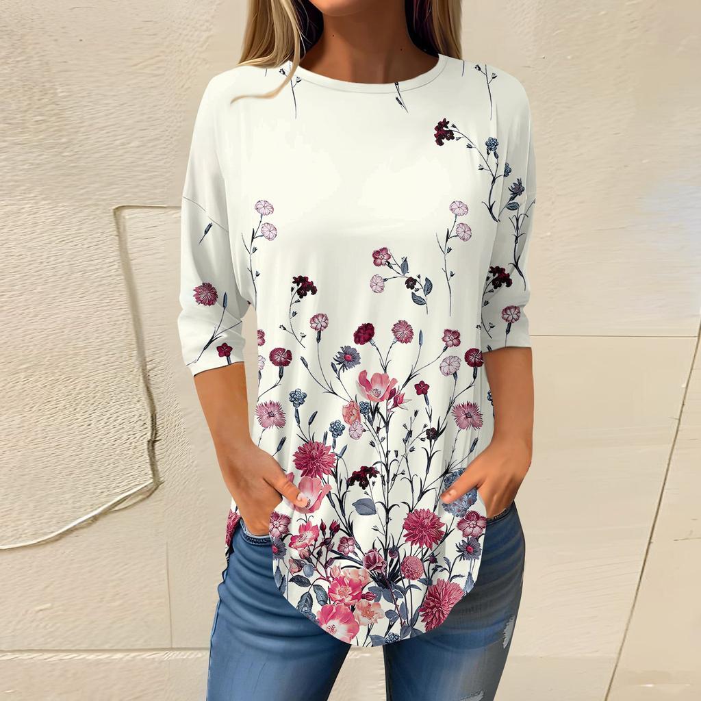 Женская свободная футболка с круглым вырезом и рукавом 3/4, верхний пуловер