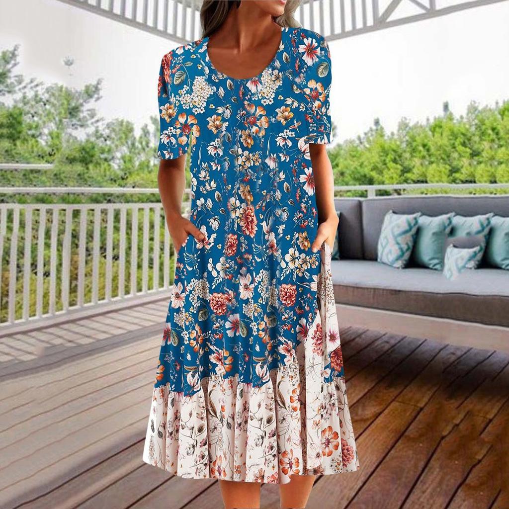 Women's Round Neck Three Quarter Sleeve Midi Dress Loose Fit Loose Waist Casual Floral Print Pocket Sundress
