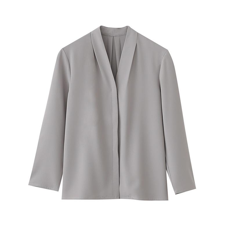 Spring and Autumn New Light Neck French Long Sleeve Shirt Female Professional Diligent Interview Grey White Top Female