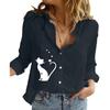 Women Fashion Cat Print Cotton Linen Shirt Ladies Lapel Collar Buttoned Top Spring Summer Fall Casual Loose Long Sleeve Blouses