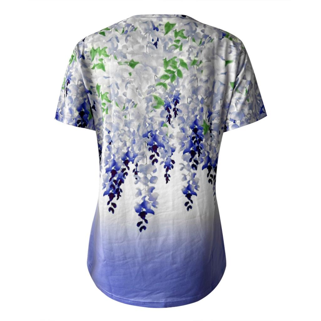 Women Casual Loose Shirts V Neck Short Sleeve Flower Print Lace Tops T-shirts Tee
