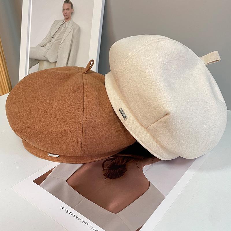 Woolen Hat Autumn and Winter New Style Retro All Match Beret Ins Metal Label Octagonal Hat Warm Bud Painter Hat
