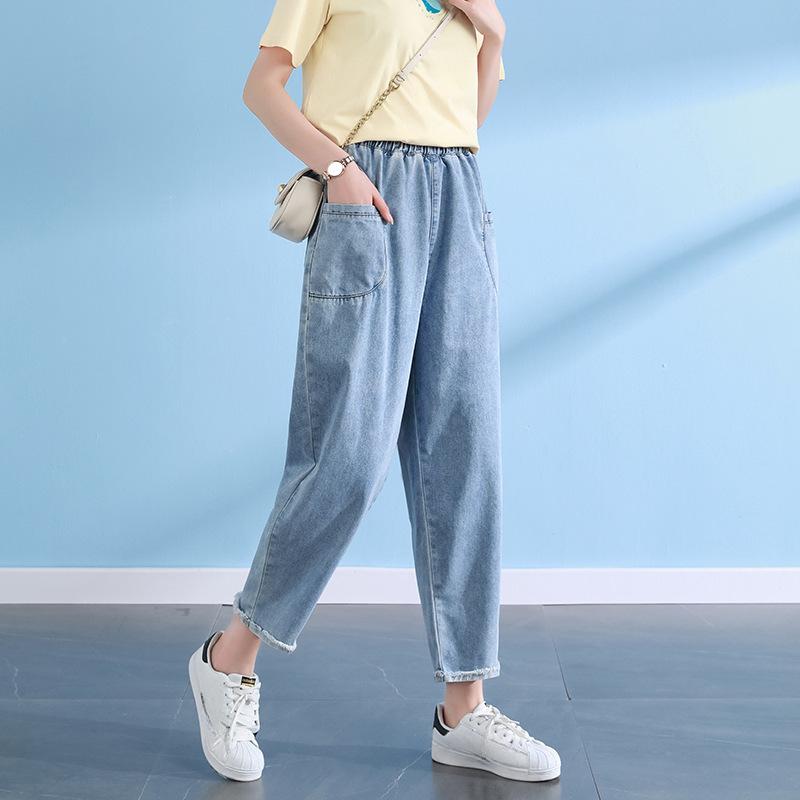 Женские джинсы больших размеров, повседневные гарлемские брюки с широкими необработанными краями