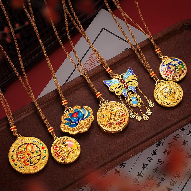 Meier Guochao high temperature enamel filigree cut out pendant sand gold ancient gold butterfly lotus compass necklace