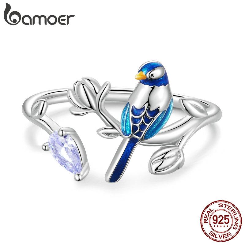 BAMOER 925 Sterling Silver Exqusite Blue Bird Ring for Women Fine Jewelry Dainty Leaf Open Ring Fashion Wedding Gift
