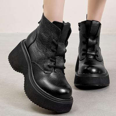 Модные GKTINOO Натуральная кожа Ретро Толстая подошва Короткие ботинки Женские 2024 Осень Новые Круглый носок Универсальная Обувь на плоской платформе