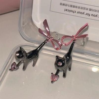 Милый розовый бант, розовое сердце, черный кот, висячие серьги для женщин, милые креативные забавные модные ювелирные изделия