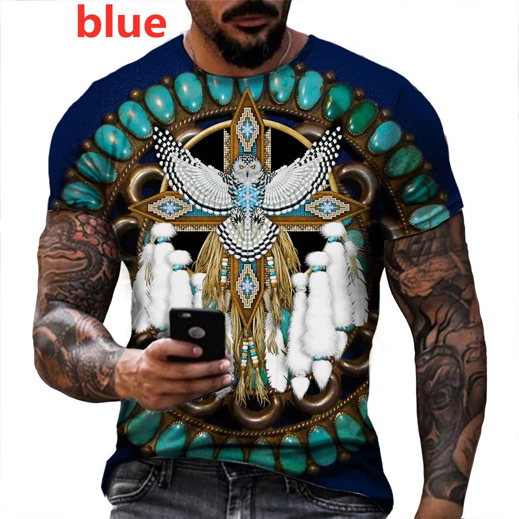 Native Indian Wolf 3D Printed T Shirt Retro Short Sleeve O-neck Funny Tees Unisex Color-blocking T-shirt Slim Clothing