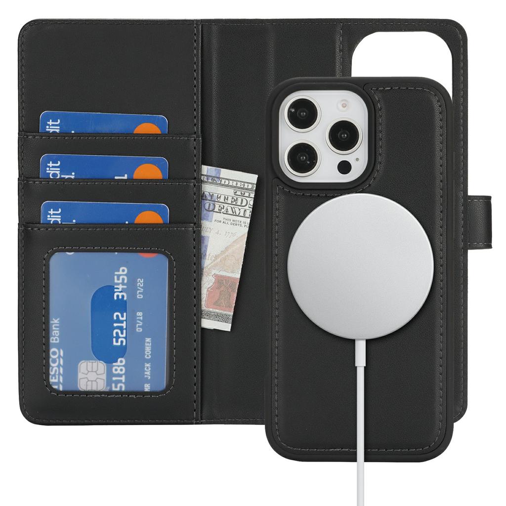 For iPhone 16 Pro Wallet Case Compatible with MagSafe Anti-Drop Detachable PU Leather Phone Cover