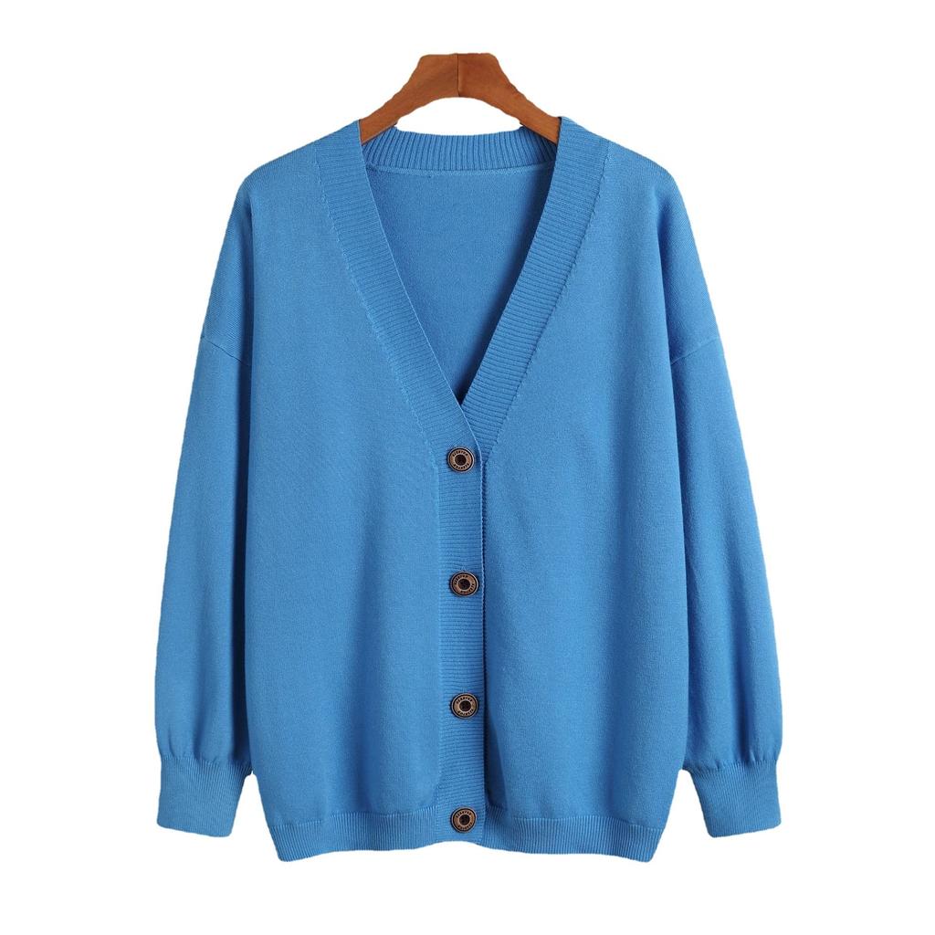 Autumn and winter women's knitted sweater loose lazy wind V-neck jacket thickened cardigan popular fat M coat