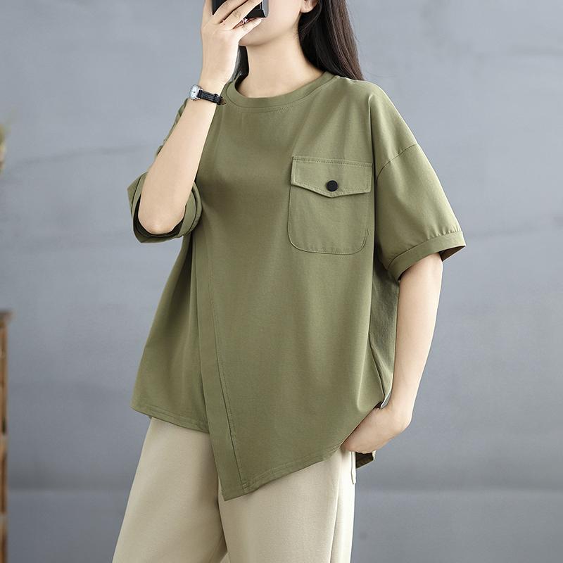 DIMANAF 2025 Новая Летняя Женская Футболка Большого Размера с Круглым Вырезом, Коротким Рукавом, Свободного Кроя, Базовые Повседневные Топы, Асимметричная Футболка