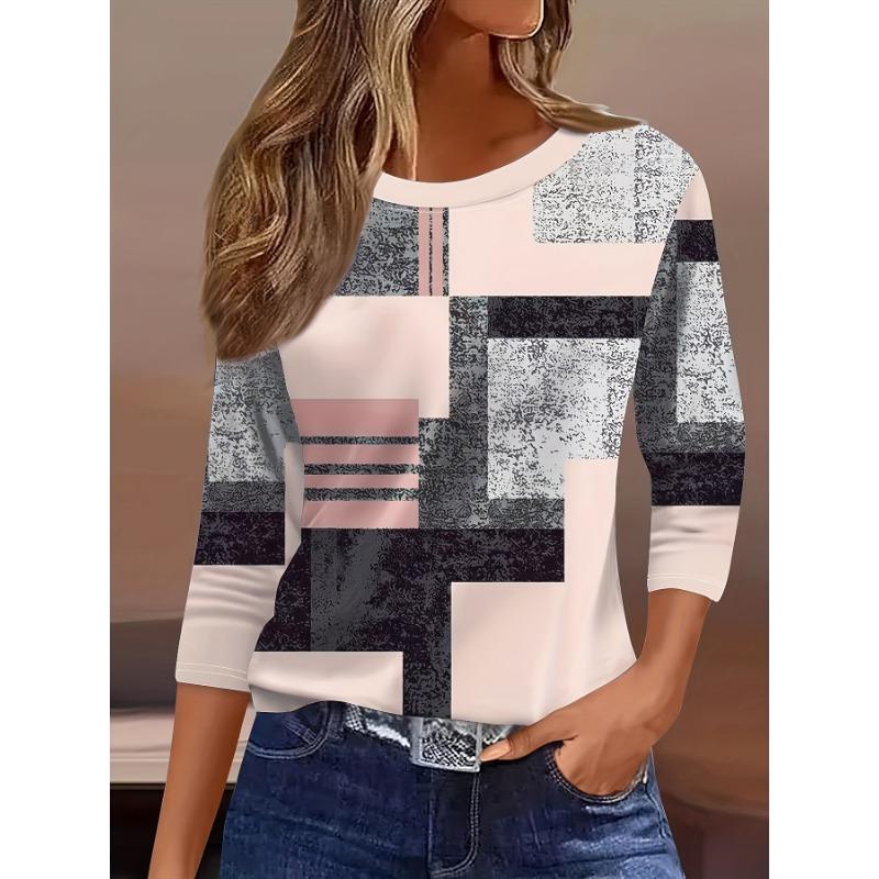 Women's 3D Printed Plaid Print T-shirt Fashion Long Sleeve Round Neck Regular Tops Holiday Weekend Spring and Autumn