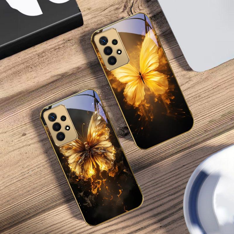 Теплая бабочка с пламенем для Samsung A 01 52S A04 A05S A10 A12 13 22 23 24 36 42 M02 Note 10 20Ultra 8 9 Золотой стеклянный чехол для телефона
