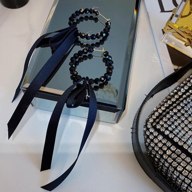 Новые серьги с черными кристаллами и темпераментом, простые длинные серьги-подвески из бисера и ленты, геометрическая круглая форма